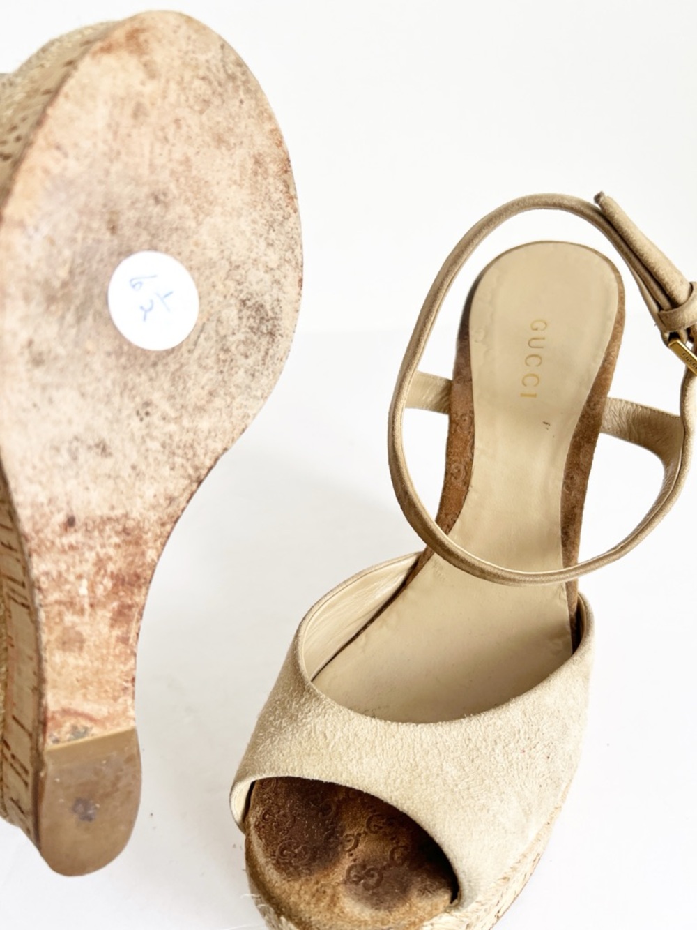 SZ 36.5 Gucci Suede Espadrille Wedge Sandals Beige Logo Platform - Picture 5 of 8